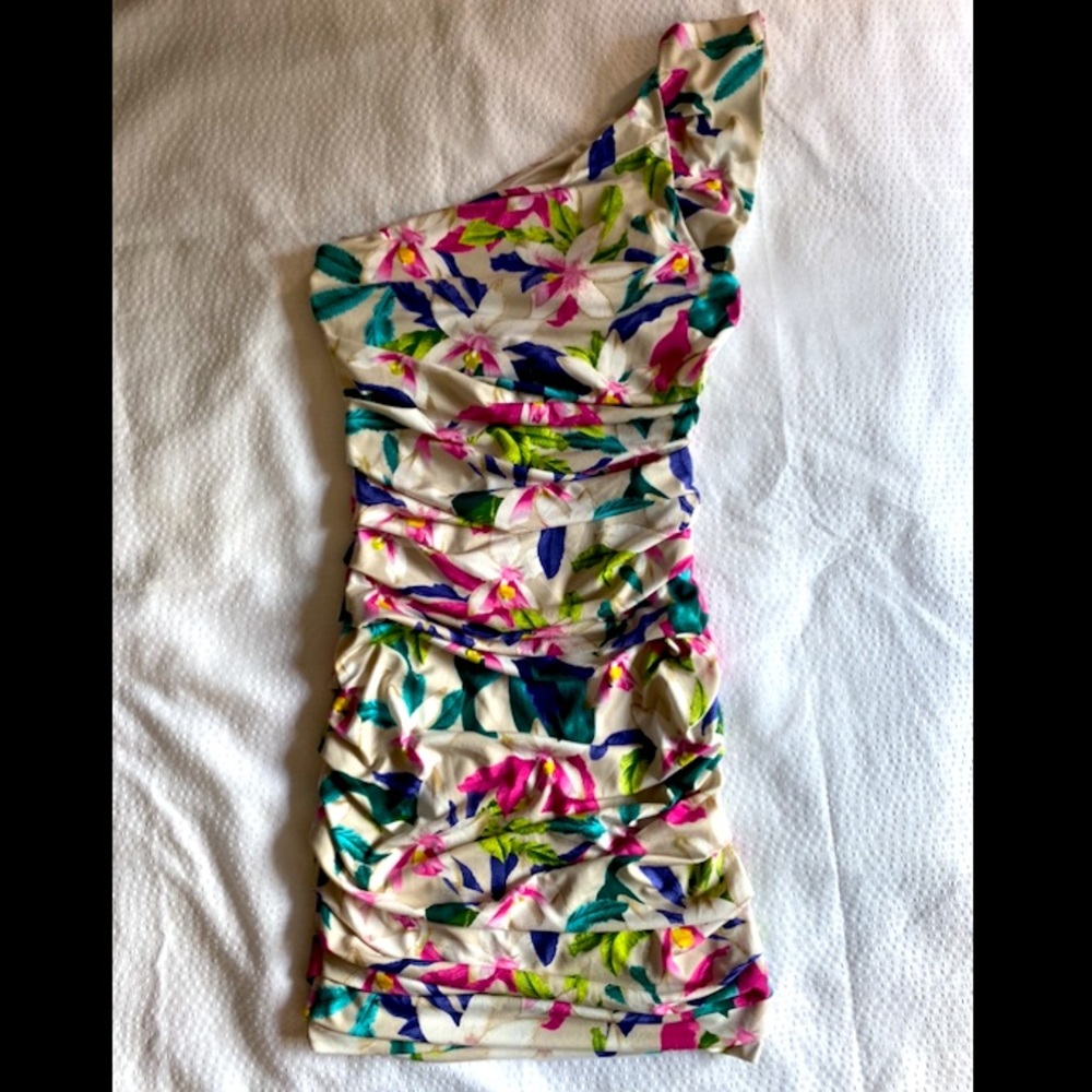 Express Satin Tropical Ruched Dress